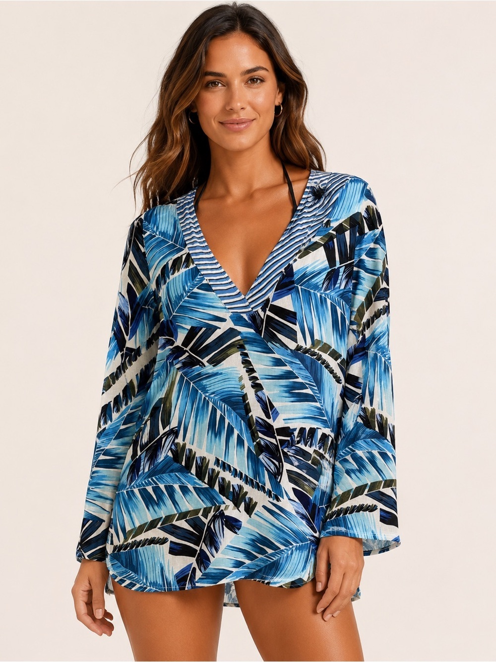 La Blanca Blue Tropical Print Swim Cover-Up Tunic Size M